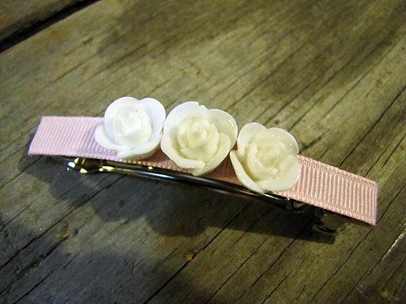 French Barrette White Roses on a Pink Grosgrain Ribbon