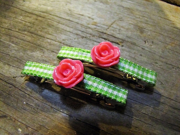 Toddler Hair Clips Pink Roses and Green Gingham
