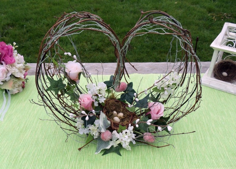 Twig and Chicken Wire Heart Flower Arrangement with Bird Nest