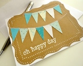Oh Happy Day Bunting Flag Banner Card, Brown Kraft Punched Card, Stitched, Congrats Birthday Celebrate, Shabby Chic Summer