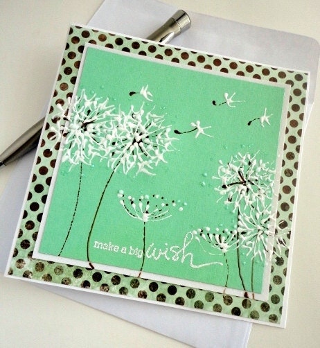 Dandelion Painted Greeting Card, Mint Brown Chocolate Polka Dots, Blank Inside, Summer, Make a Wish