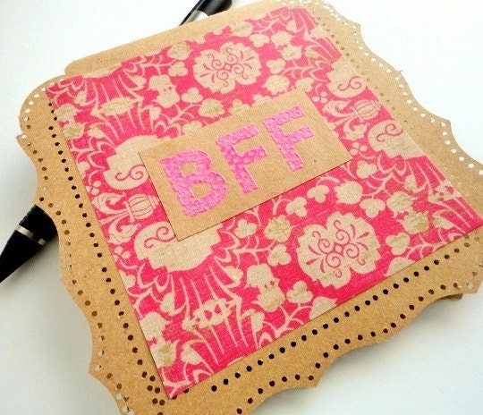 BFF Greeting Card, Blank Inside, Brown Kraft Paper, Pink Floral, Hole Punch, Boho, Bohemian, Stamp Embossed, Best Friends Forever