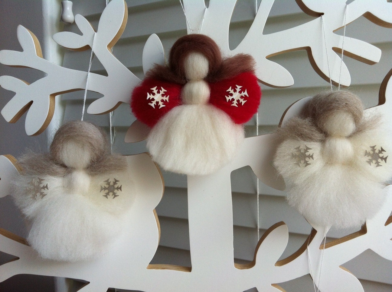 Christmas decorations: 2-set 'the littlest angel on the christmas tree' white snowflake on red merino Christmas in July - MerinoAngel