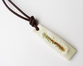 Long white honey necklace on brown leather - handmade ceramic