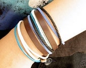 Leather Wrap Bracelet in Brown Leather with Hemp&Leather Rope-Blue Sea