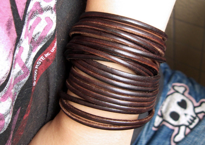 Double Wrap Sliced Dark Brown Leather Wrap Bracelet