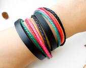 2 Circles Leather Wrap Bracelet in Black Leather with Hemp&Leather Cord