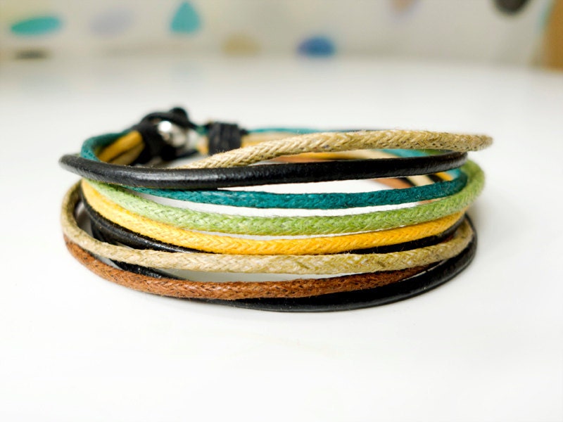 Black Leather with Colorful Wax Ropes and Antique Silver Bead Bracelet