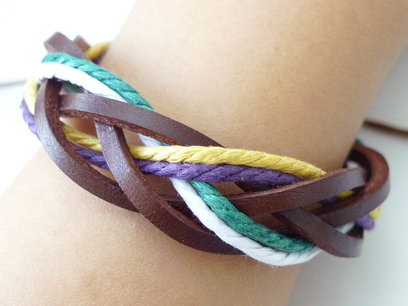 Brown Leather Multicolor Rope  Braided Bracelet