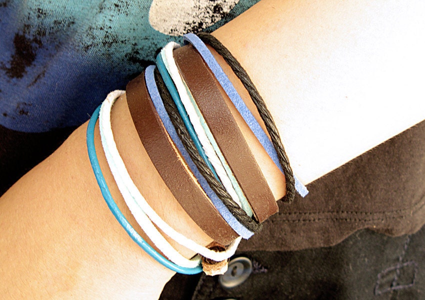 Leather Wrap Bracelet in Brown Leather with Hemp&Leather Rope-Blue Sea