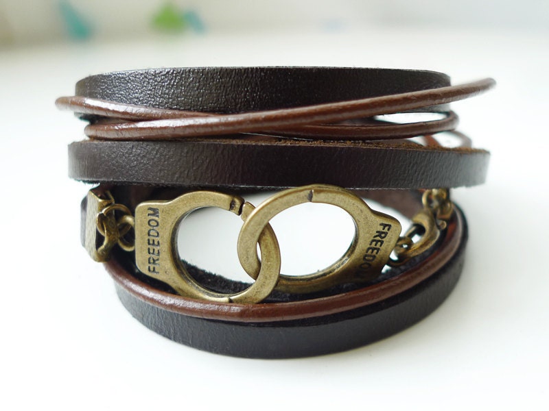 5 circles Brown Leather Wrap With Copper Handcuffs Buckle Charm Bracelet
