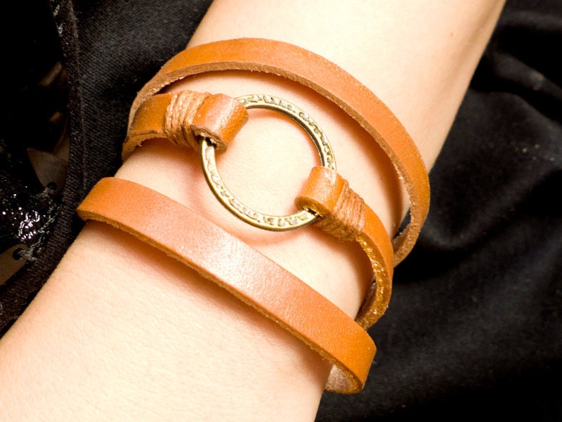 3 circles Orange Leather Wrap With Copper Circle Charm Bracelet