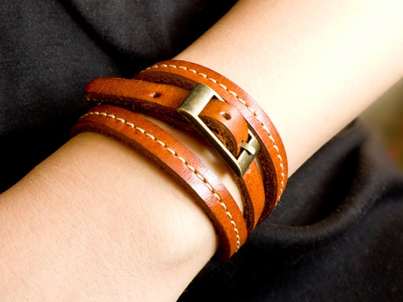 3 Circles Classic and Chic Orange Leather Wrap Bracelet With Copper Buckle-Fall Style