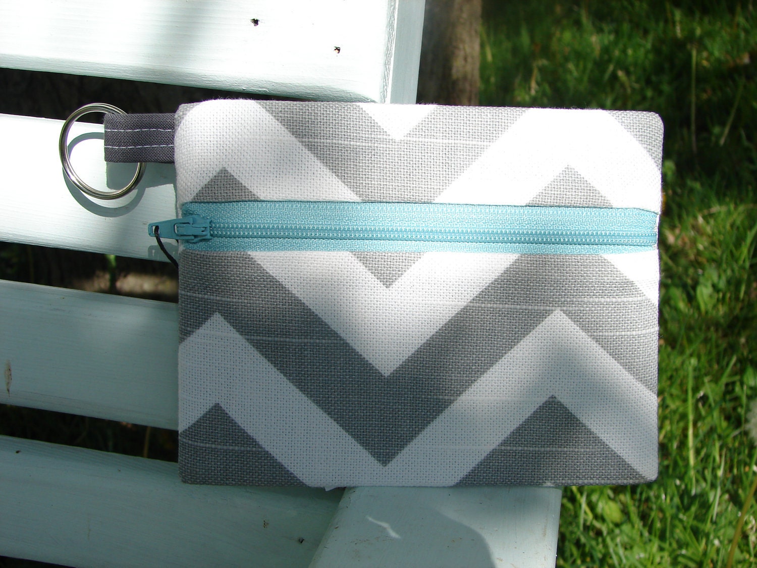 Chevron Keychain wallet with Turquoise Zip