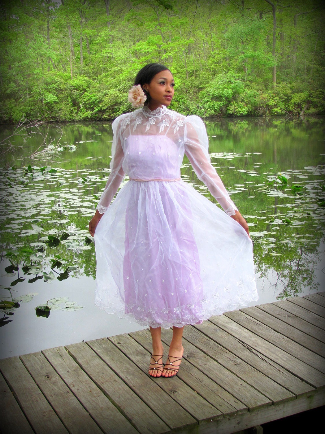Vintage Womens Purple White Lace Dress High Neck Long Sleeve Size Large