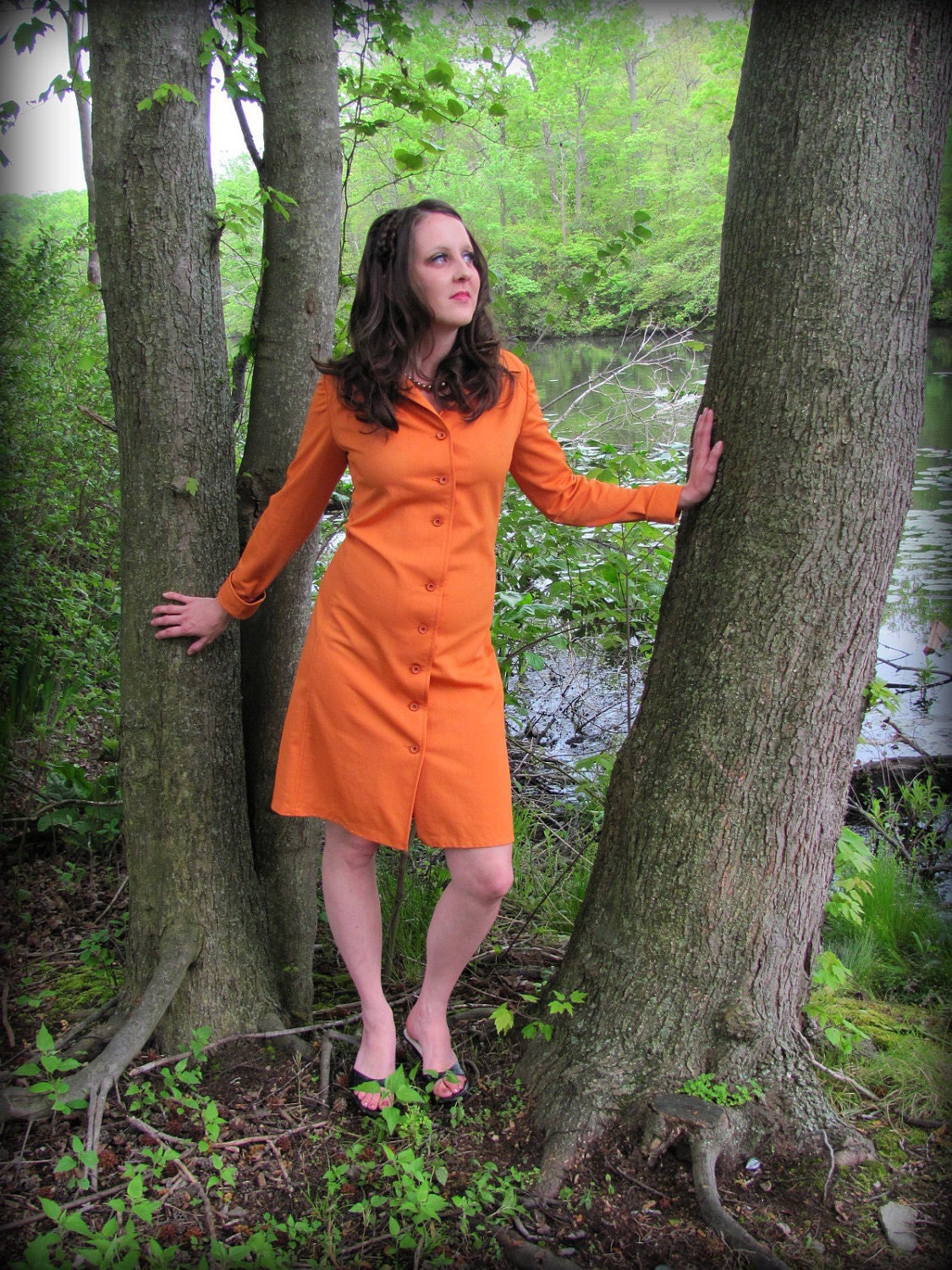 60s Vintage Womens Orange Dress Button Front Long Sleeve Size Medium FALL SALE