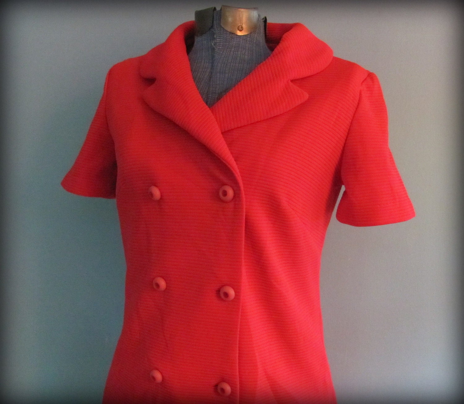 60s Red Mod Dress Button Front Short Sleeve Day Dress Wide Collar Size Medium