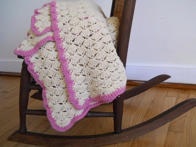 VIntage Queen Handmade Afghan, Queen Knitted Blanket, VIntage Bedding, Home Decor For Shabby Chic Country Cottage, Gift for MOM