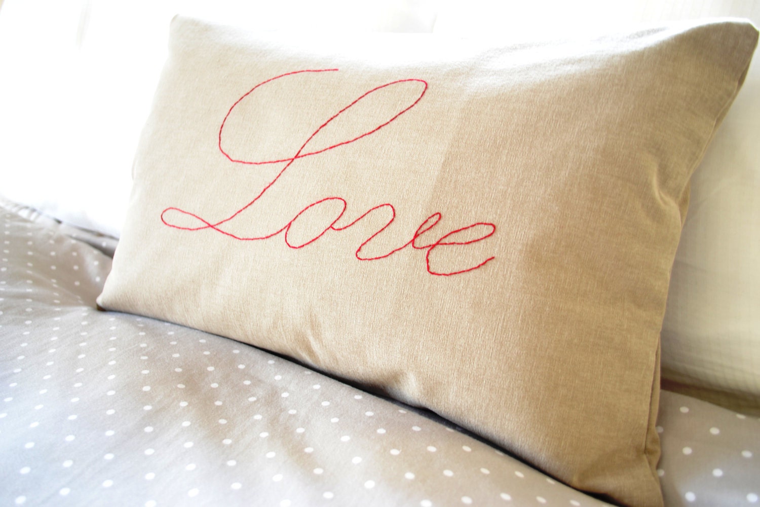 Love Cushion, Love  Pillow Cover, Embroidered Red Love Cushion Pillow