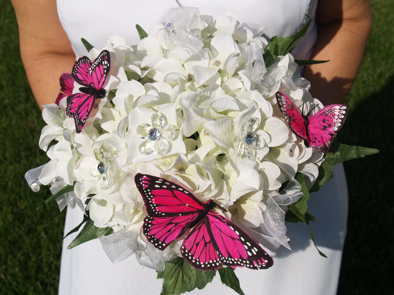 GARDEN Wedding Bouquet white beautiful hydrageas and hot pink butterflies - NewBrideCo