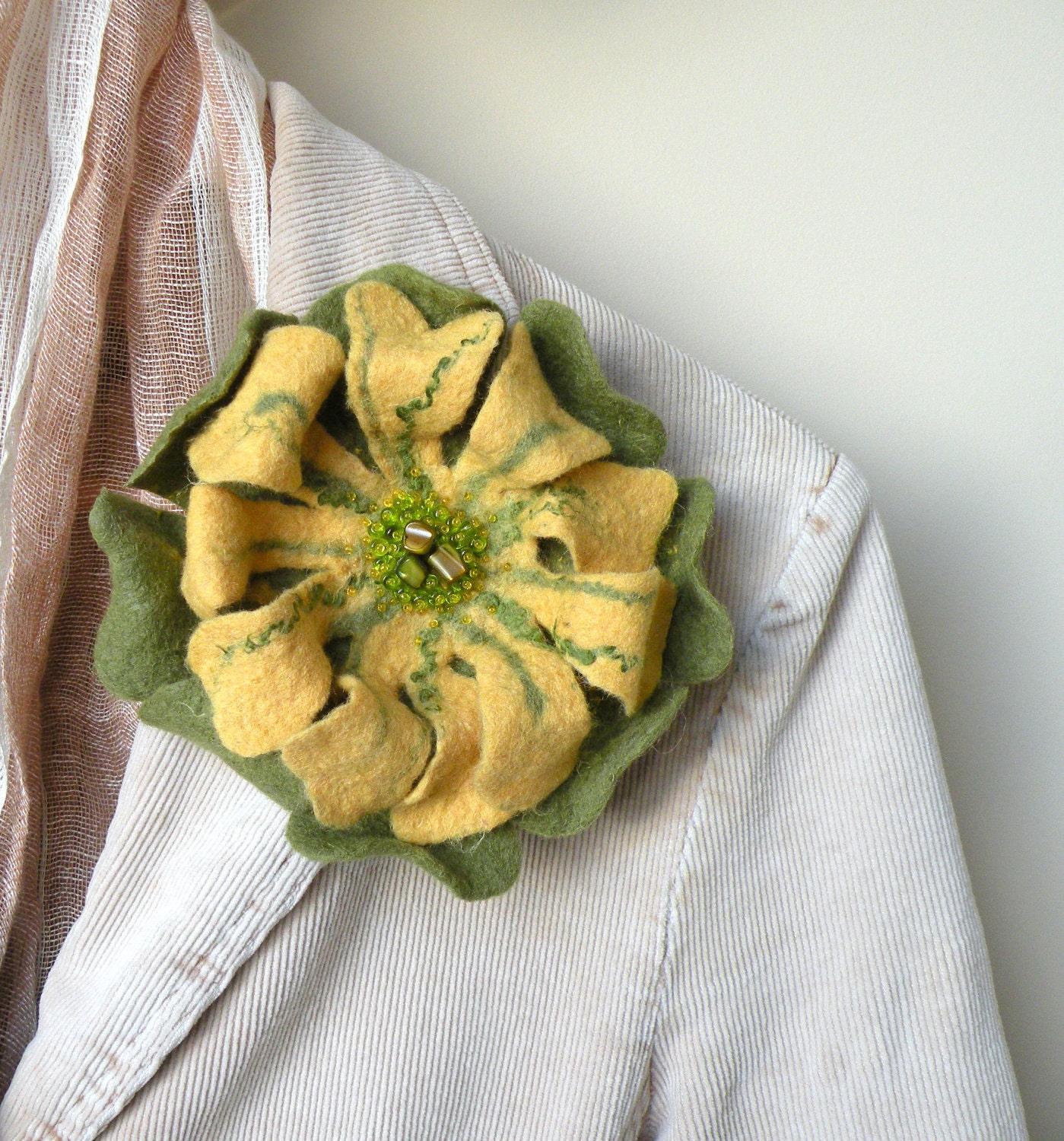 Felted flower brooch for women - green yellow flower pin
