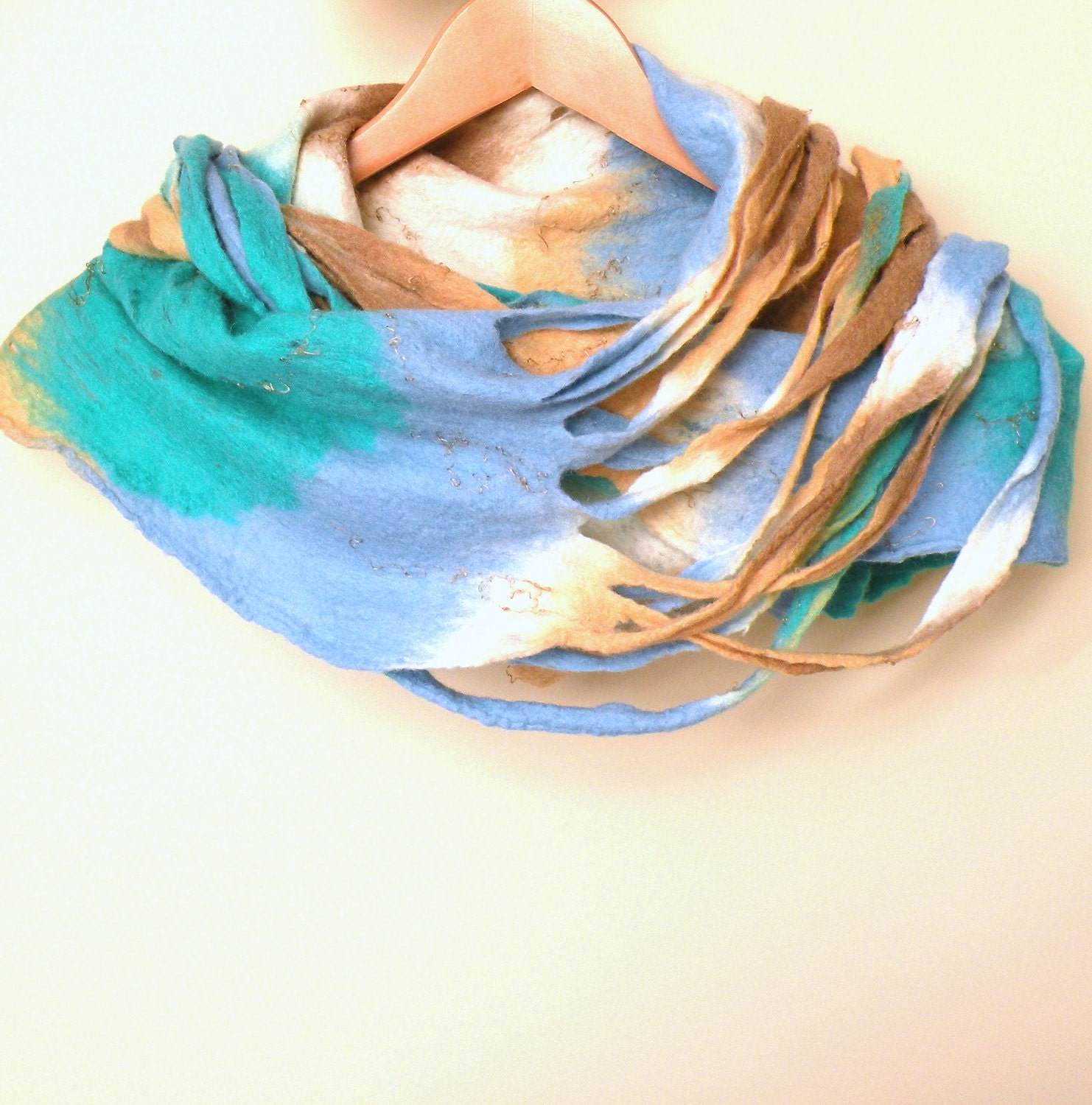 Women infinity scarf -  Cobweb felted wool Circle scarf - necklace / blue mint green beige - autumn fall winter fashion - ready to ship