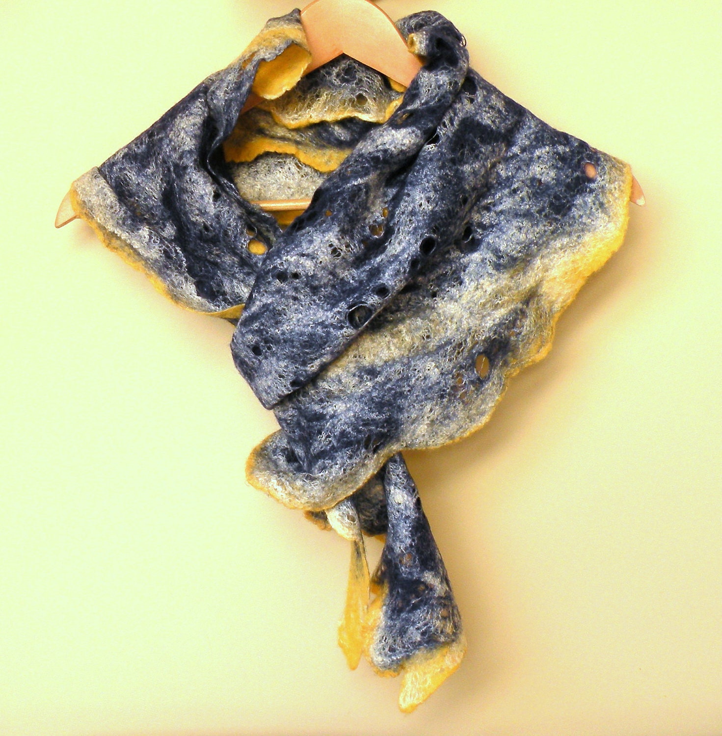 Women cobweb felted woool and silk scarf, navy blue and yellow scarf - made to order