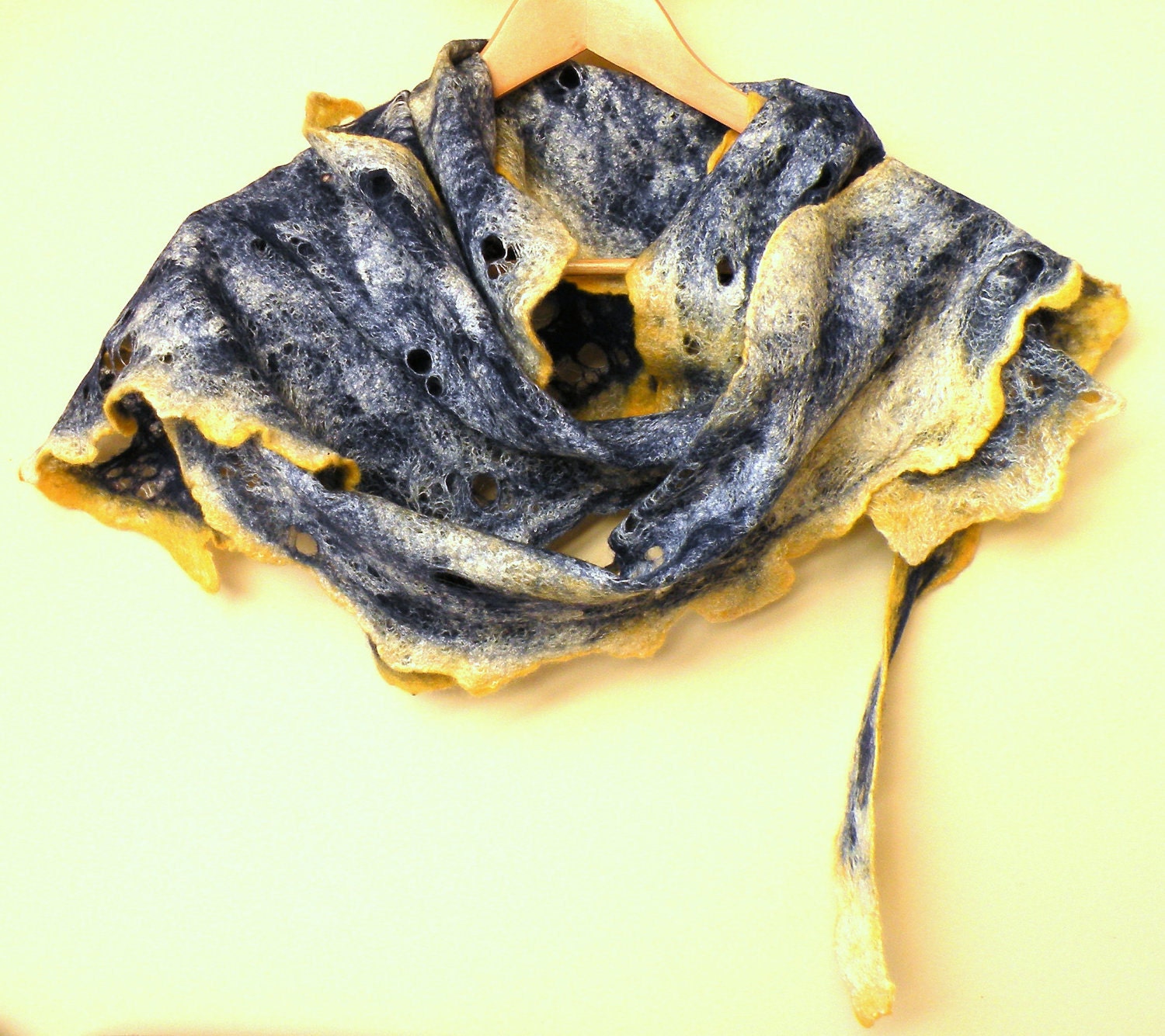 Women cobweb felted woool and silk scarf, navy blue and yellow scarf - made to order