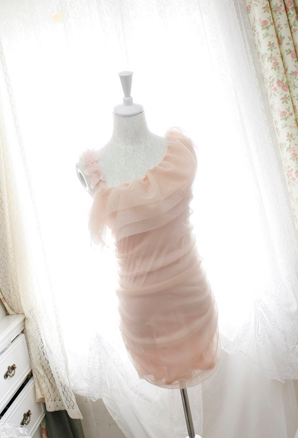 one shoulder dress chiffon floral petals ruffles cape bodycon tulle pale pink dreamy romantic Pastel - miadressshop