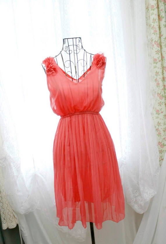 marie antoinette chiffon flower shoulder tunic V neckline pleated sleeveless chiffon dress melon
