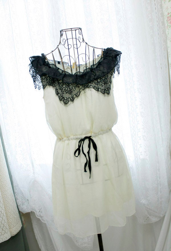 Edwardian marie antoinette cream pale baby yellow chiffon black fringed lace ruffles tank sun dress