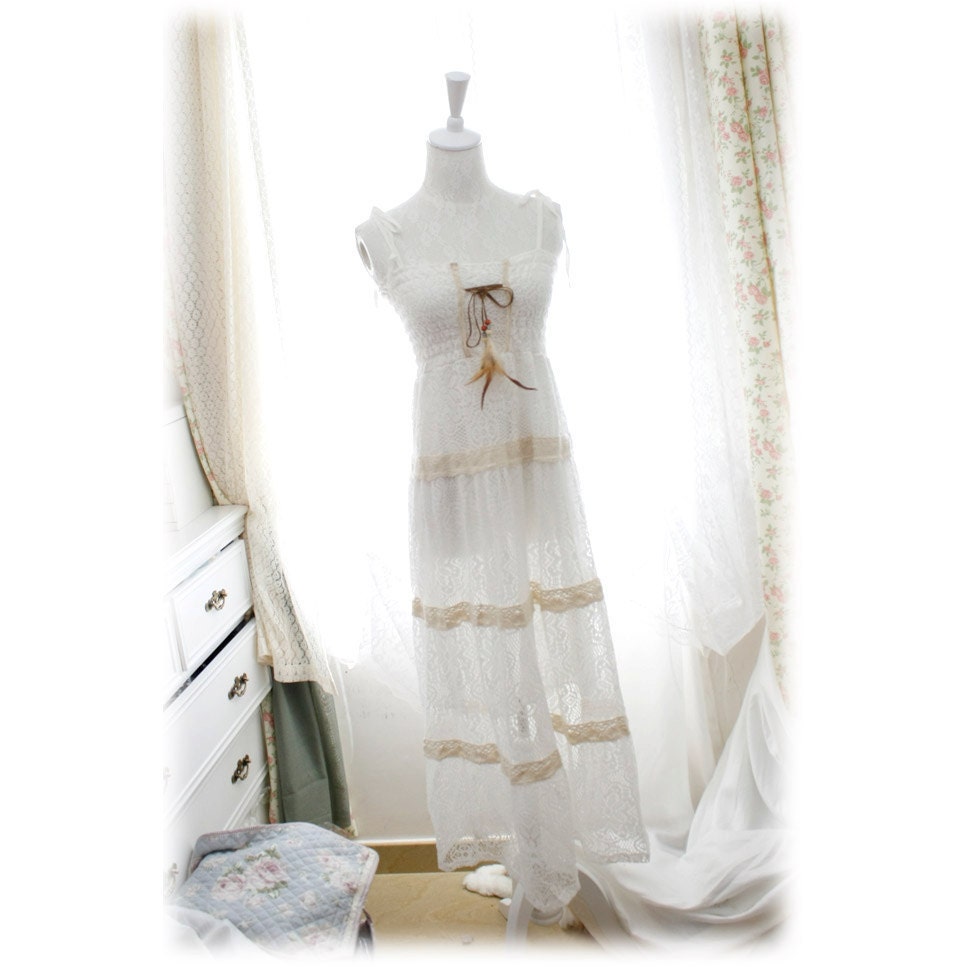 Spring Full Lace Tribal cotton lace white maxi dress long dress feather straps handmade