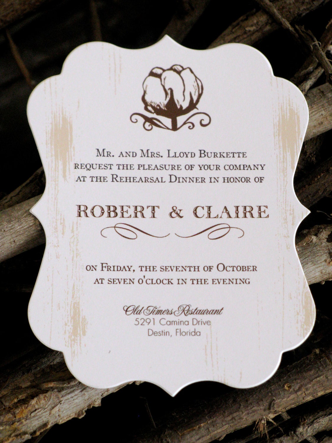 50 Rehearsal Dinner Invitations - Cotton Boll Design - Rustic die cut
