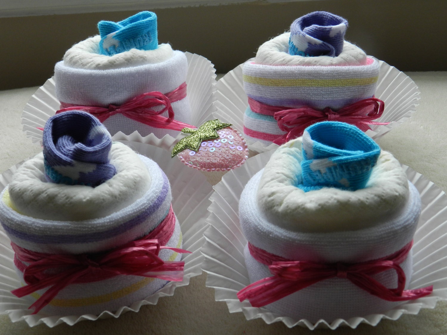 Custom Couture Baby Girl Diaper Cupcake Gift/ Trumpette Diaper Cupcakes with Strawberry Hair Clip