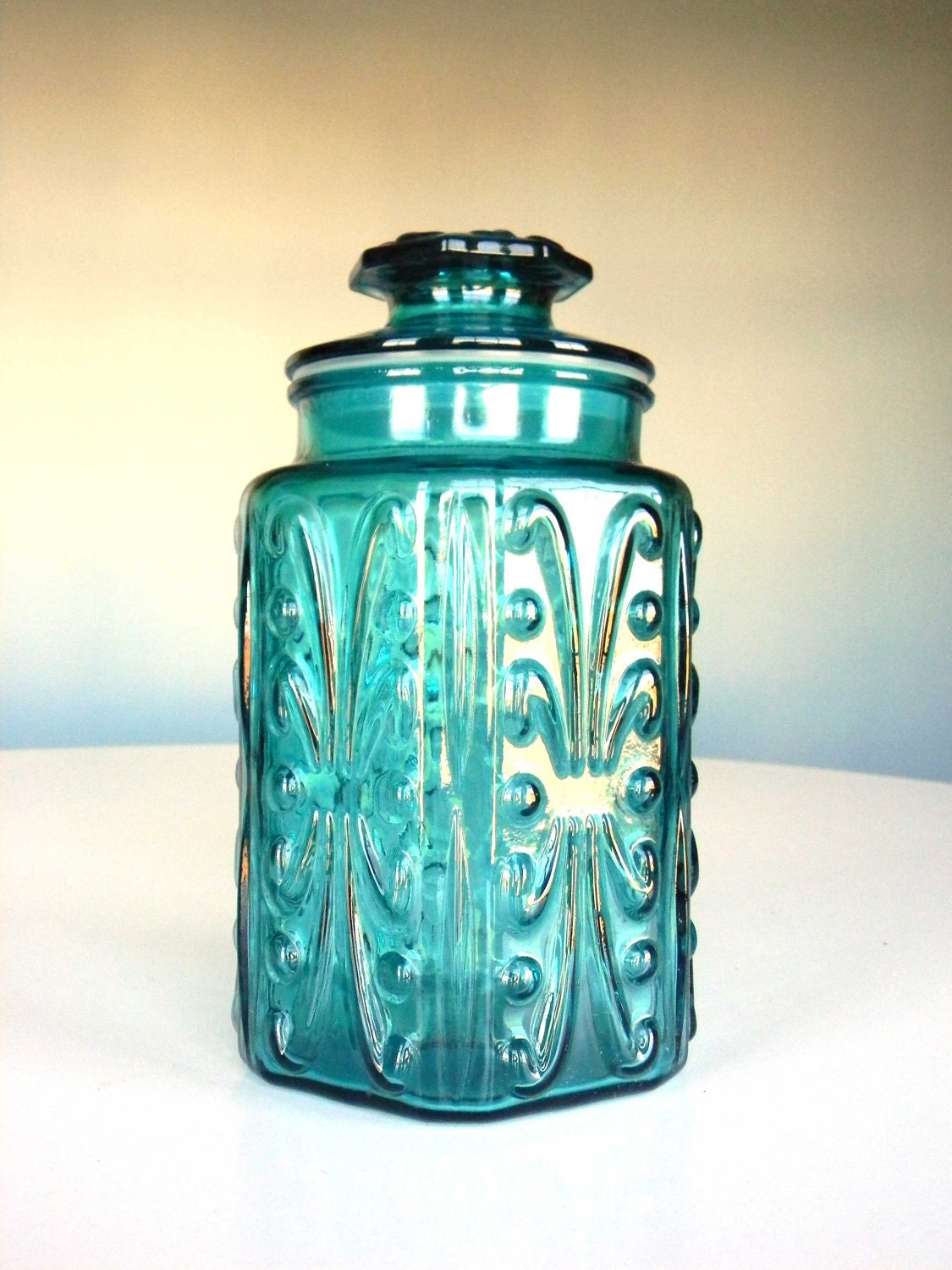 Vintage Aqua Blue Glass Candy Storage Jar Container