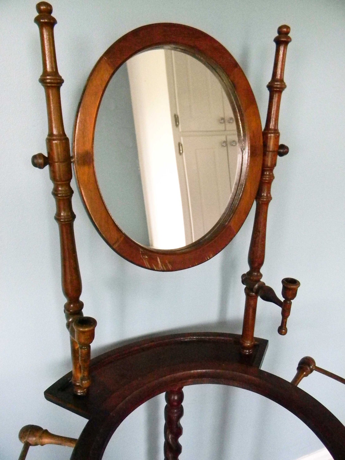 Vintage Wash Stand Wooden with Mirror Candle Holders Towel Racks