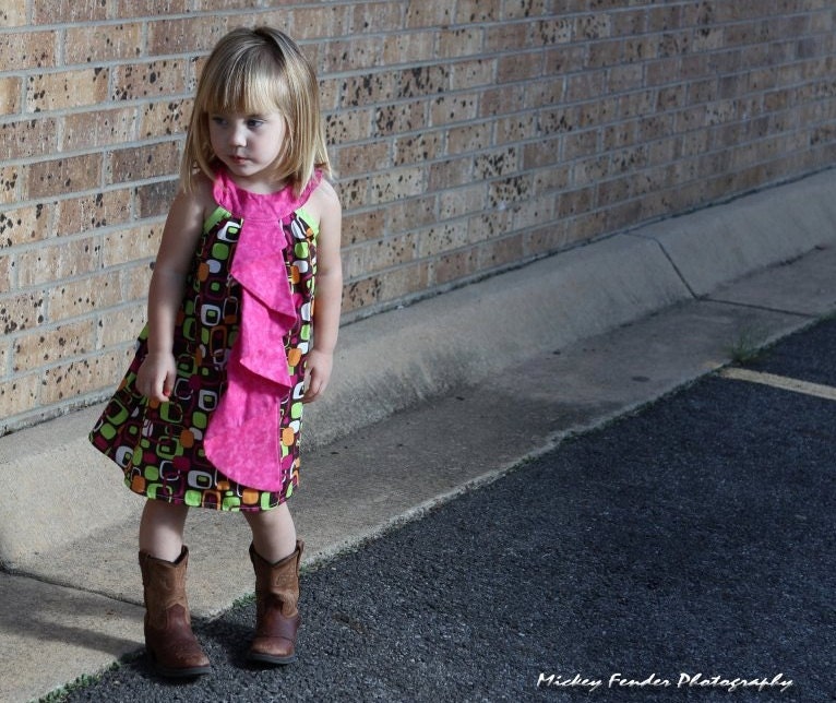 Retro Vintage Toddler Dress with Pink Flounce - Pink, Green, Orange, Brown, White, and Brown