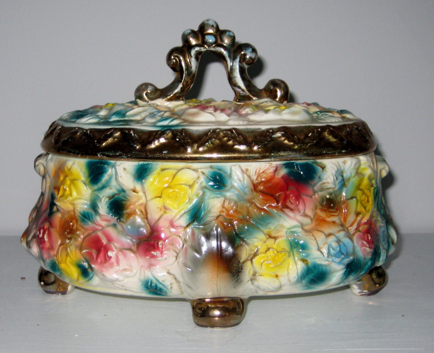 vintage porcelain raised floral candy dish
