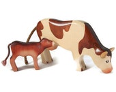 Toy cow wooden white  brown spots browsing grazing Size: 15,5 x 9,5  x 2,7 cm (bxhxs) approx. 135,0 gr. - GeorgiaWoodenToys