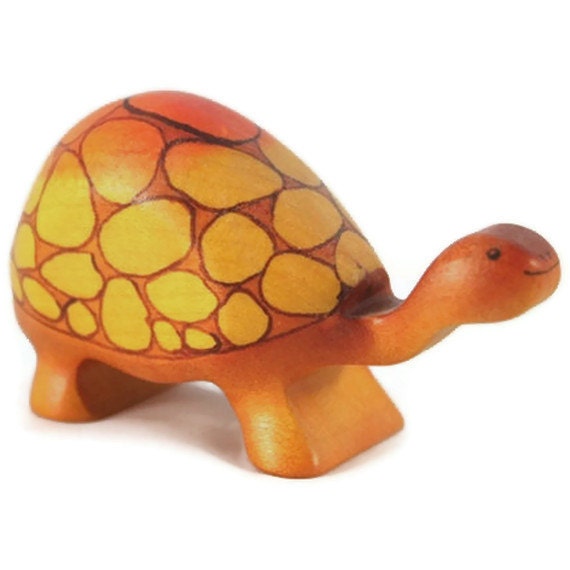 Toy Turtle large with high tortoise shell wooden colorful orange brown size 4,5 x 8,5 x 3,0 cm (bxhxs) ca. 30,0 gr.