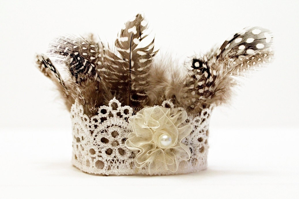 Newborn Crown, Newborn Photo Prop, Newborn Mini Crown, Newborn Feather Crown for Girl with Rosette, Lace, Pearl - Tribal Collection