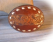 60's 70's Tooled Leather Saddle Brown Belt Buckle with White Lacing