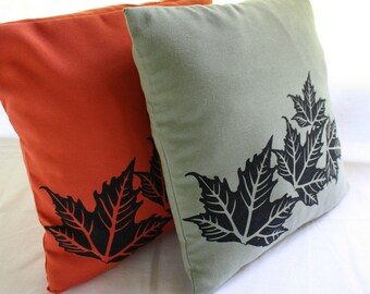 Terracotta or green PILLOW COVERS with leaves handprinted