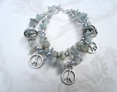 multi strand peace sign aquamarine boho beaded bracelet