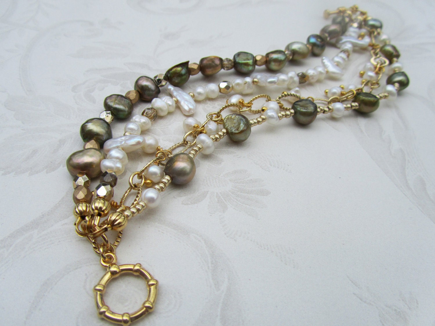 Beachy boho freshwater pearl and gold beaded multi strand bracelet
