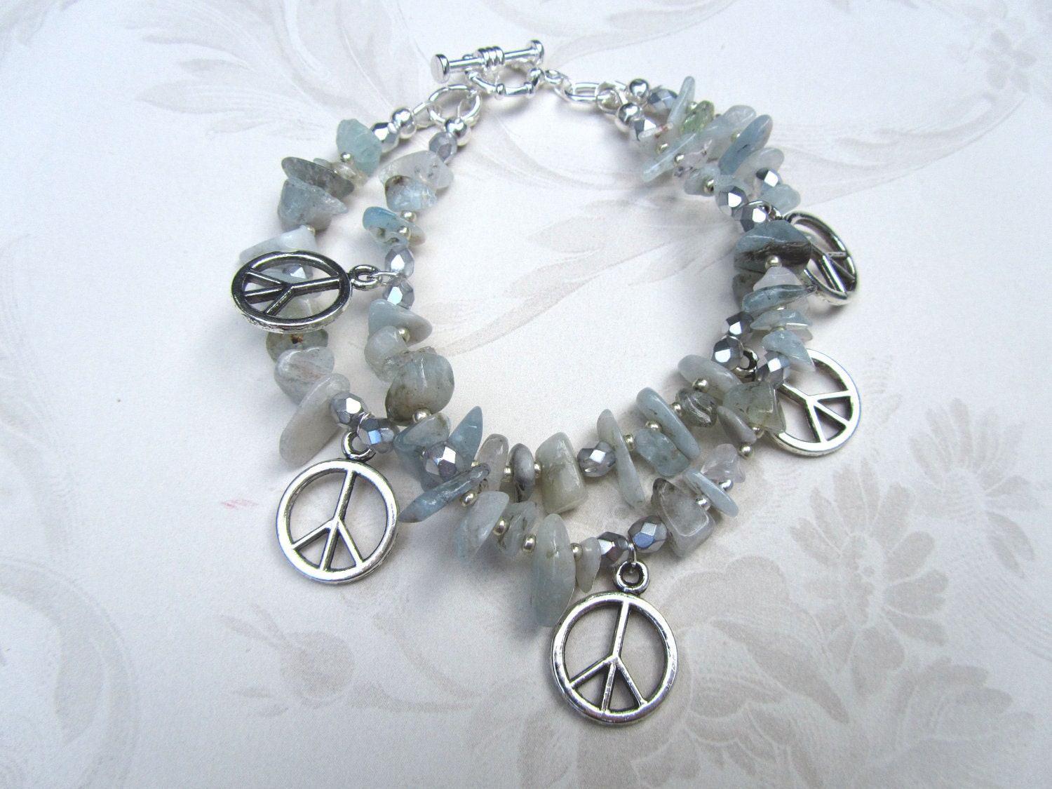 multi strand peace sign aquamarine boho beaded bracelet