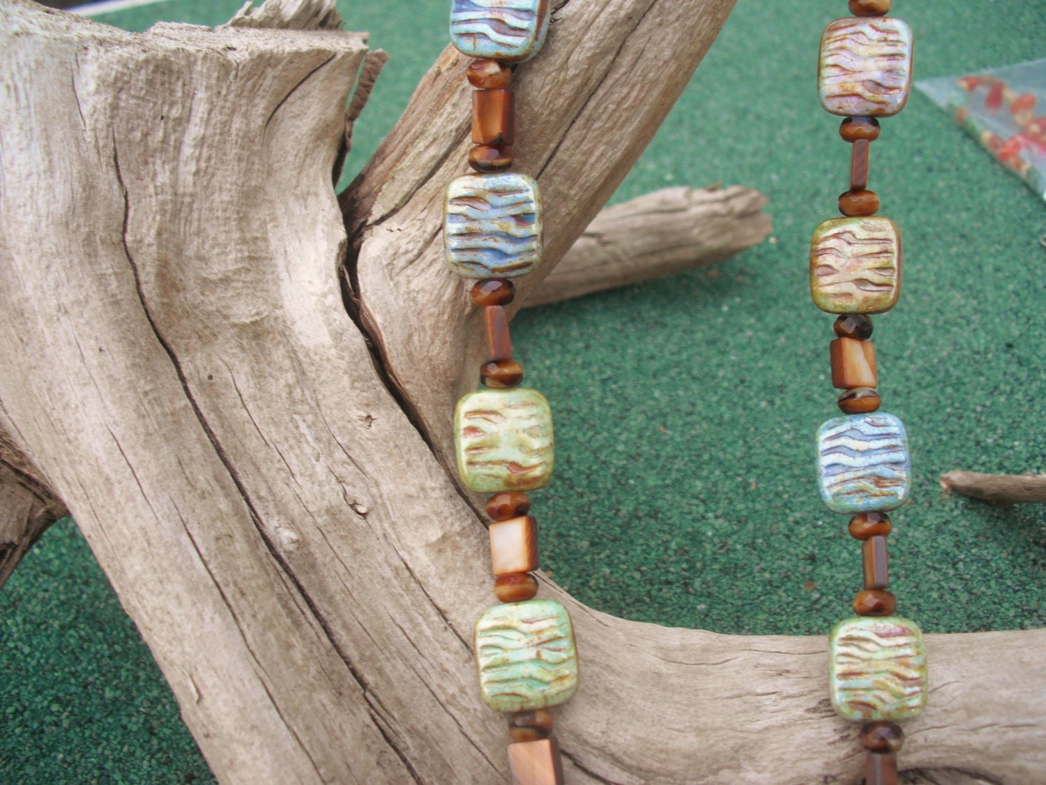 Green textured tile hand beaded necklace