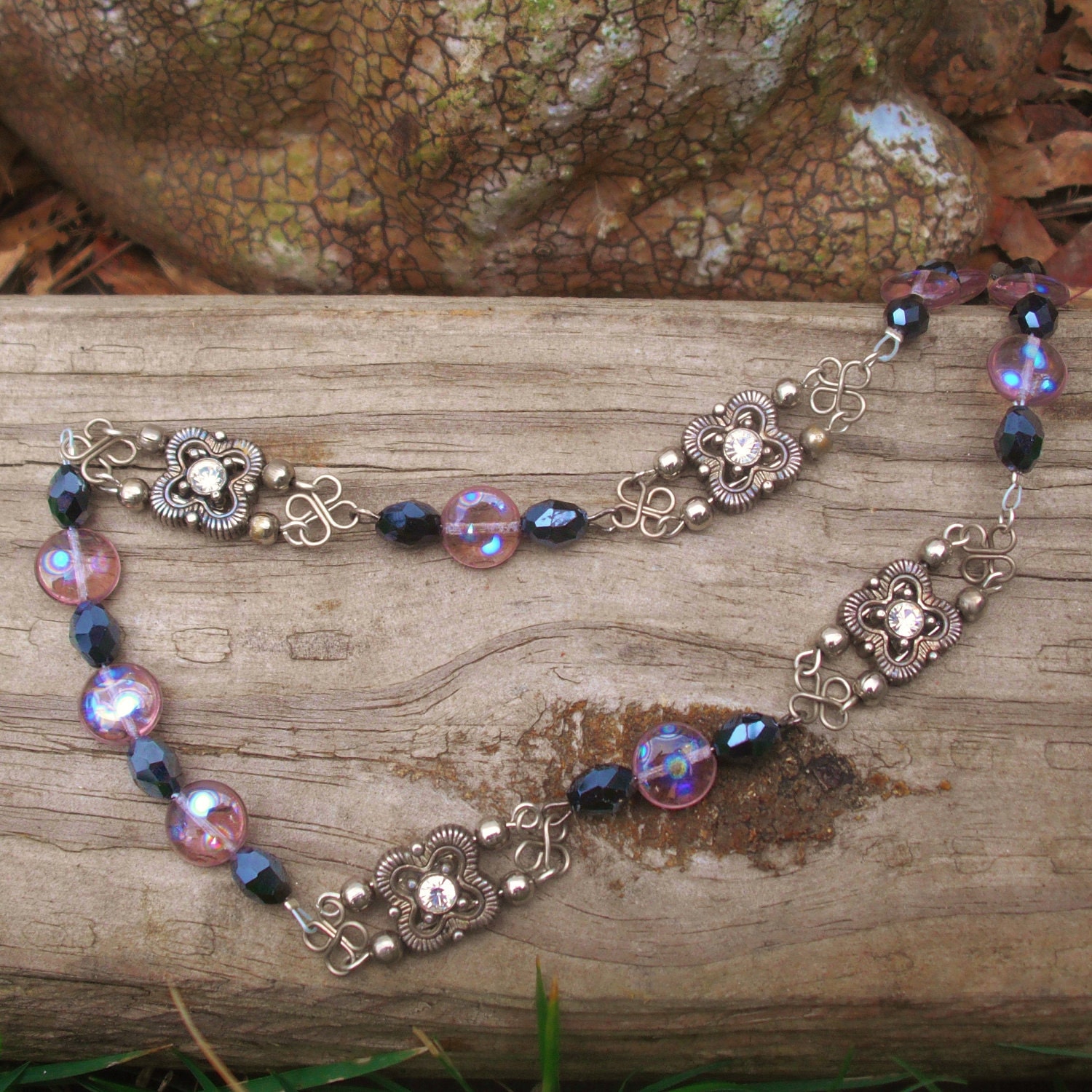 Pink, black and silver beaded necklace
