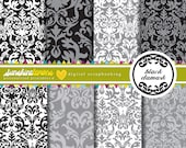 Black and Grey Damask Digital Scrapbooking Paper Set