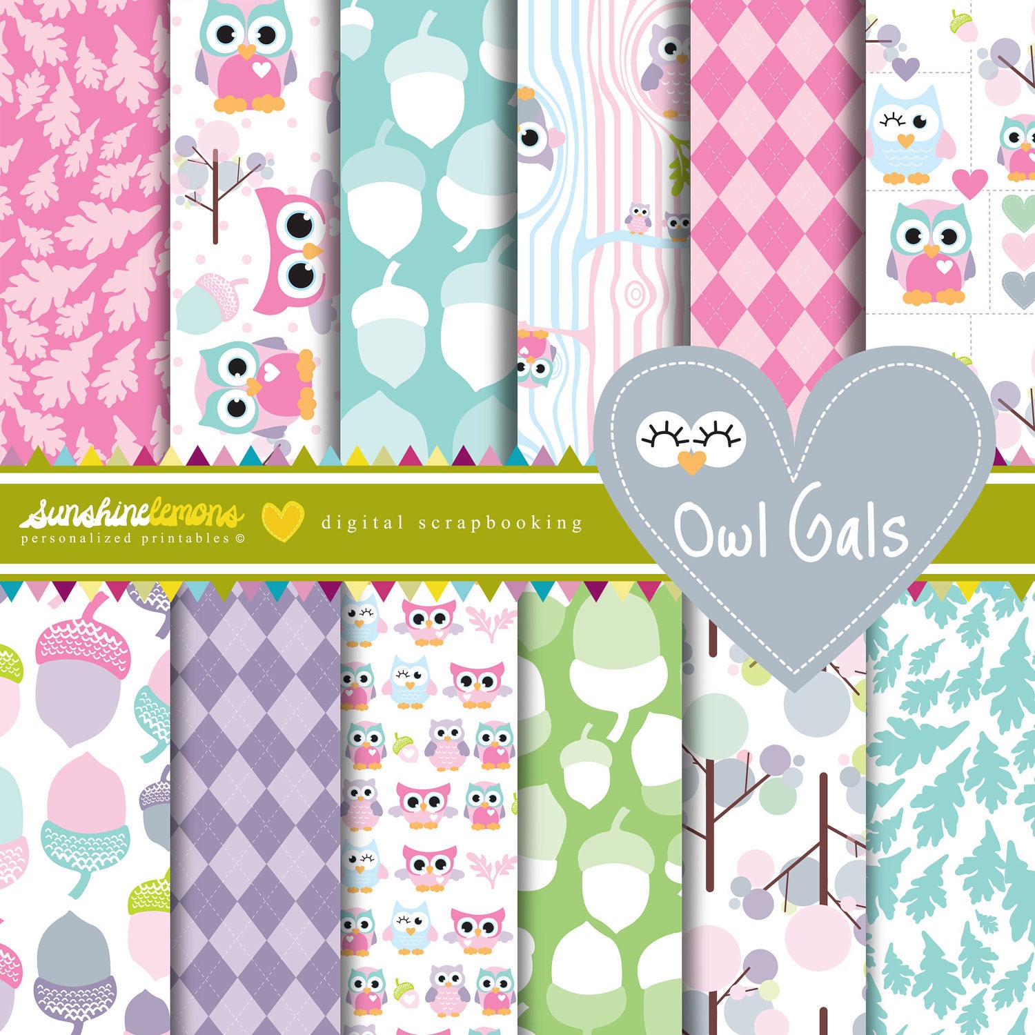 Owl Gals - Pink Baby Owls Digital Scrapbooking Paper Set